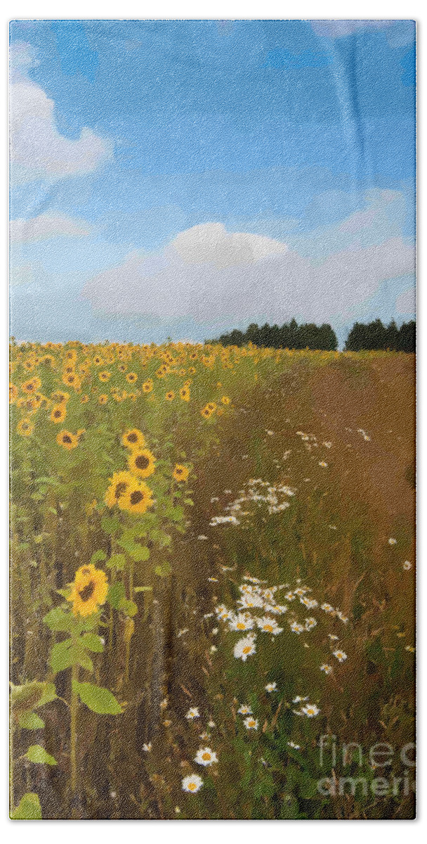 Field Landscape Art Sunflowers Uk Scenic Portrait Beach Towel featuring the photograph Sunflowers by Andrew Michael