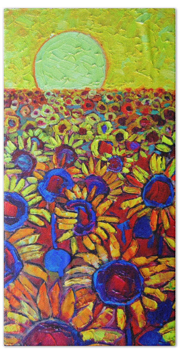 Sunflowers Beach Sheet featuring the painting Sunflowers Field At Sunrise by Ana Maria Edulescu