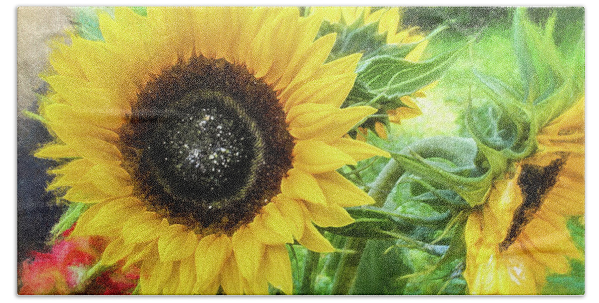 Mona Stut Beach Towel featuring the digital art Yellow Sunflowers Flourish Visions of Summer by Mona Stut