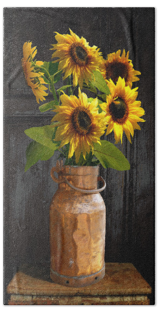 Sunflower Beach Sheet featuring the digital art Sunflowers in Copper Milk Can by M Spadecaller
