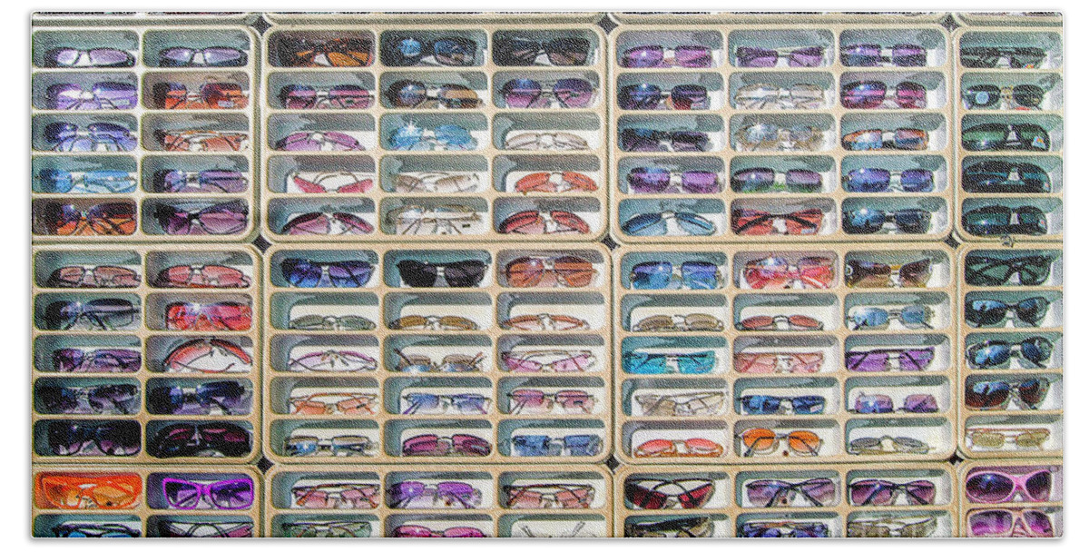 Whether You Sell Sunglasses At An Upscale Boutique Or At An Outdoor Flea Market Beach Towel featuring the photograph Sunglasses on Display by David Zanzinger