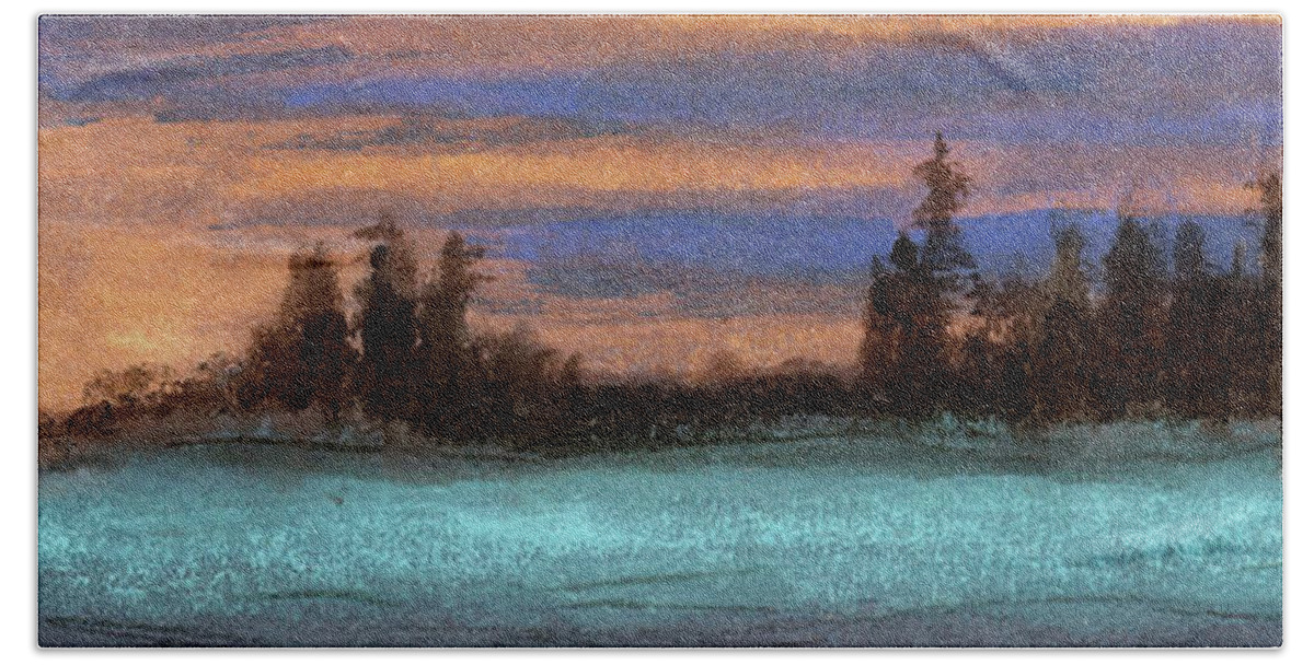 Decline Evening Sunset Dusk Nightfall Sundown Black Winter Light Sun Woods Wilderness Wild Water Trees Tree Sky Silhouetted Silhouette Pines Pine Outdoors Outdoor Northern North Landscape Lake Kyllo Golden Evergreen Cold Cloud Canadian Canada Art Panoramic Panorama Wide Scene View Broad Big Width Large Decor Decoration Hard Fit Space Angle Thin Narrow Blue Gold Beach Towel featuring the painting Sunlight over Water by R Kyllo