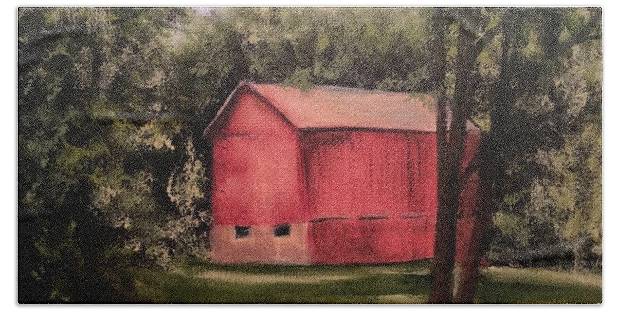 Barns Beach Towel featuring the painting Sunlit Barn by Sharon Schultz