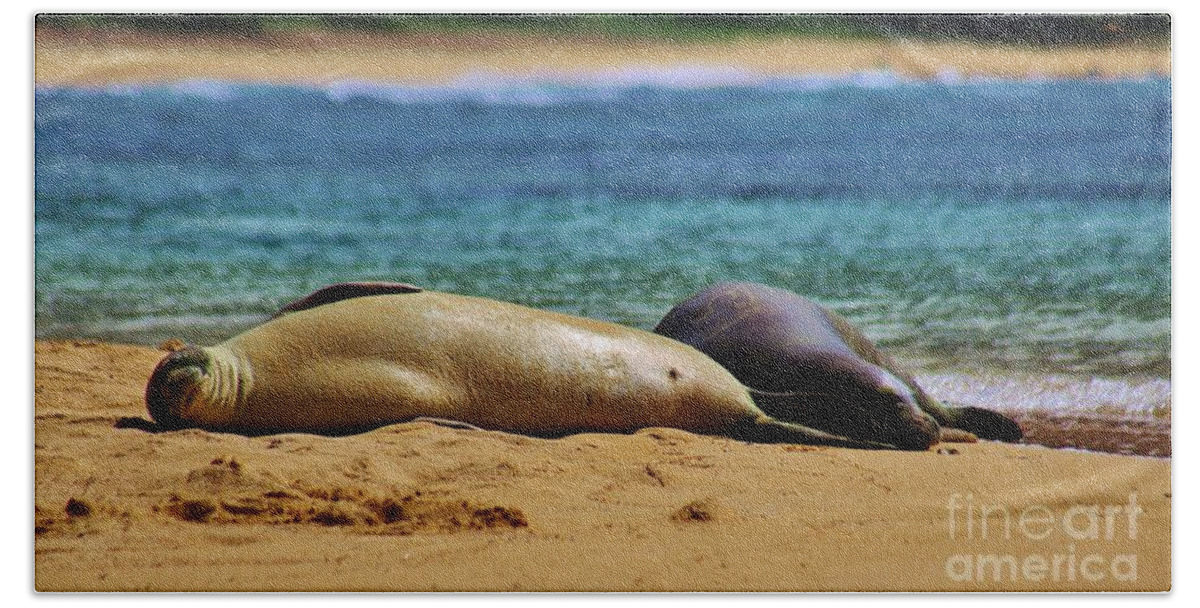Hawaiian Monk Seal Beach Sheet featuring the photograph Sunning on the Beach in Hawaii by Craig Wood