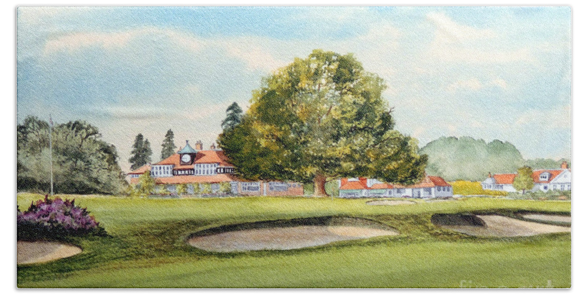 Sunningdale Golf Club Beach Towel featuring the painting Sunningdale Golf Course 18th Green by Bill Holkham