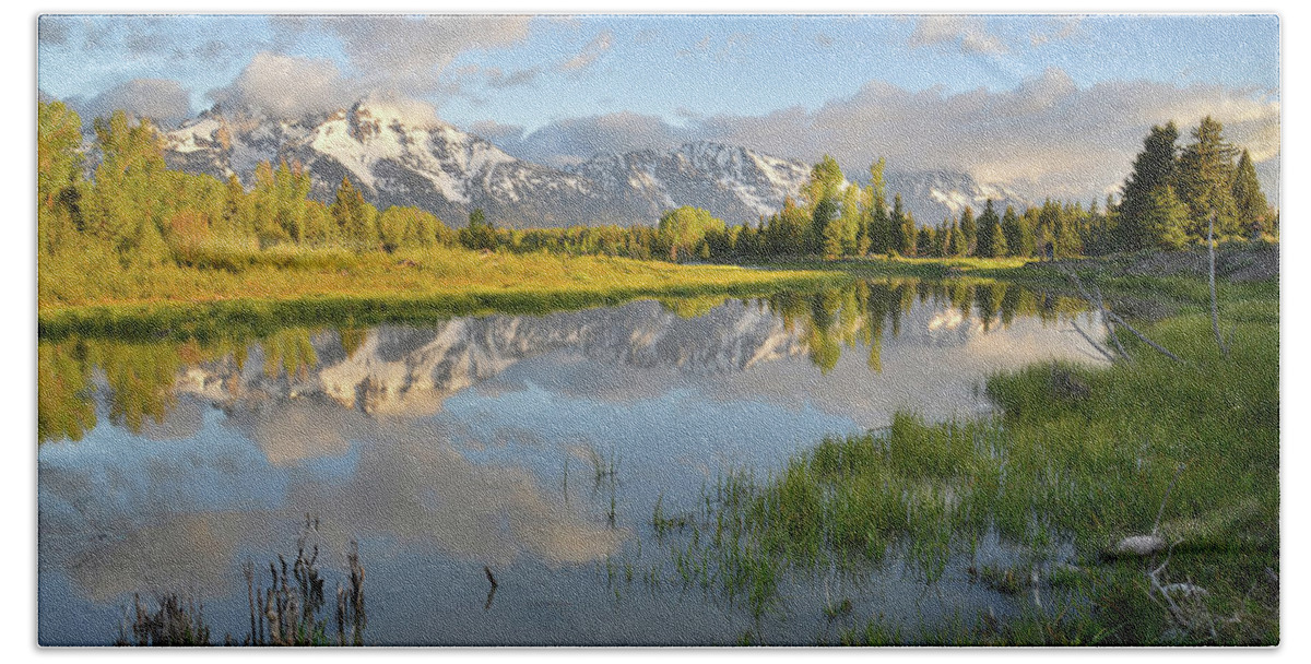 Grand Teton National Park Beach Towel featuring the photograph Sunrise at Schwabacher Landing by Ray Mathis