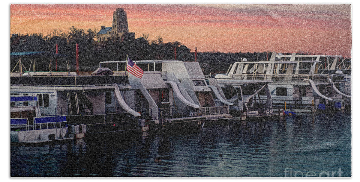 Water Beach Sheet featuring the photograph Lake Murray Sunrise at the Marina by Tamyra Ayles
