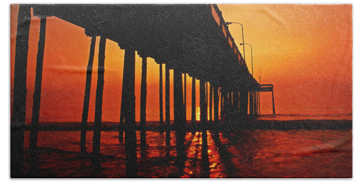 Sunrise Beach Towel featuring the photograph Sunrise at the pier. Ocean City MD by Bill Jonscher