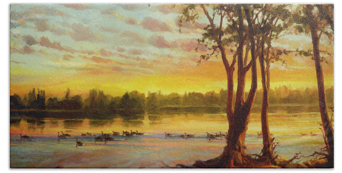 Landscape Beach Towel featuring the painting Sunrise on the Columbia by Steve Henderson