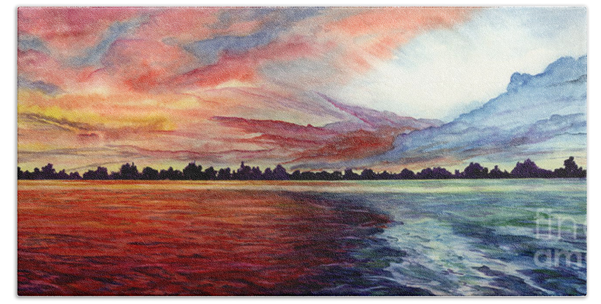 Sunrise Beach Towel featuring the painting Sunrise Over Indian Lake by Nancy Cupp