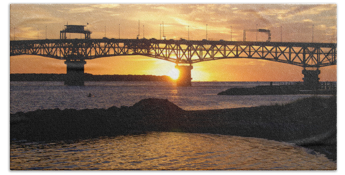 Bridge Beach Sheet featuring the photograph Sunrise Under Coleman Bridge by Lara Morrison