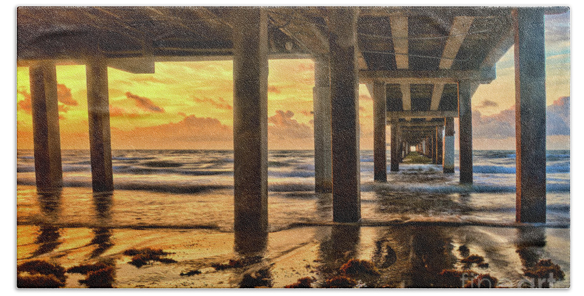North Padre Island Beach Towel featuring the photograph Sunrise Under the Pier by Roxie Crouch