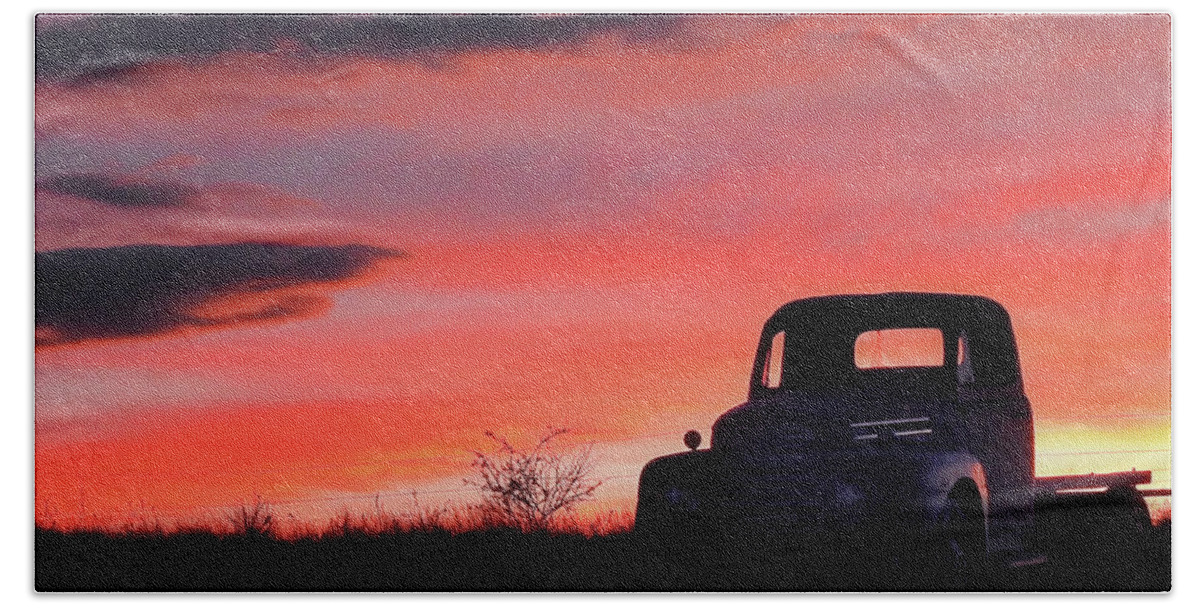 Sunset Beach Towel featuring the photograph Sunset and a '48 Ford by Dawn Key