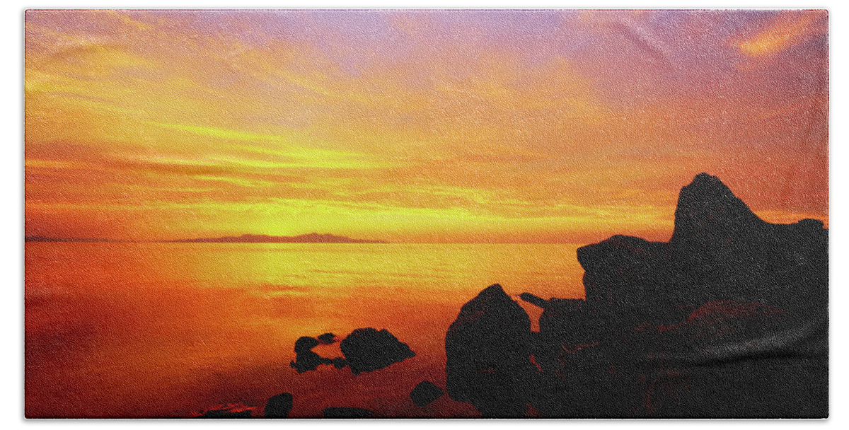 Sunset And Fire Beach Sheet featuring the photograph Sunset and Fire by Chad Dutson