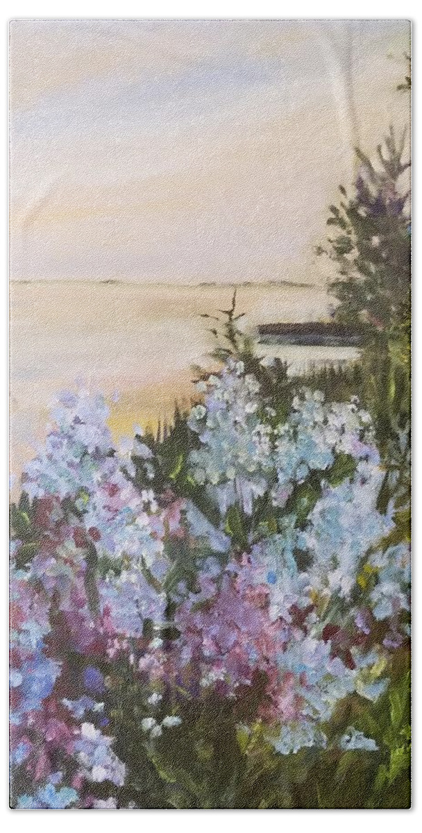 Sunset Beach Sheet featuring the painting Sunset and Phlox Garden by Cheryl LaBahn Simeone