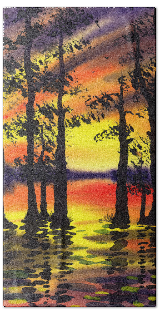 Sunset Beach Towel featuring the painting Sunset And The Trees by Irina Sztukowski