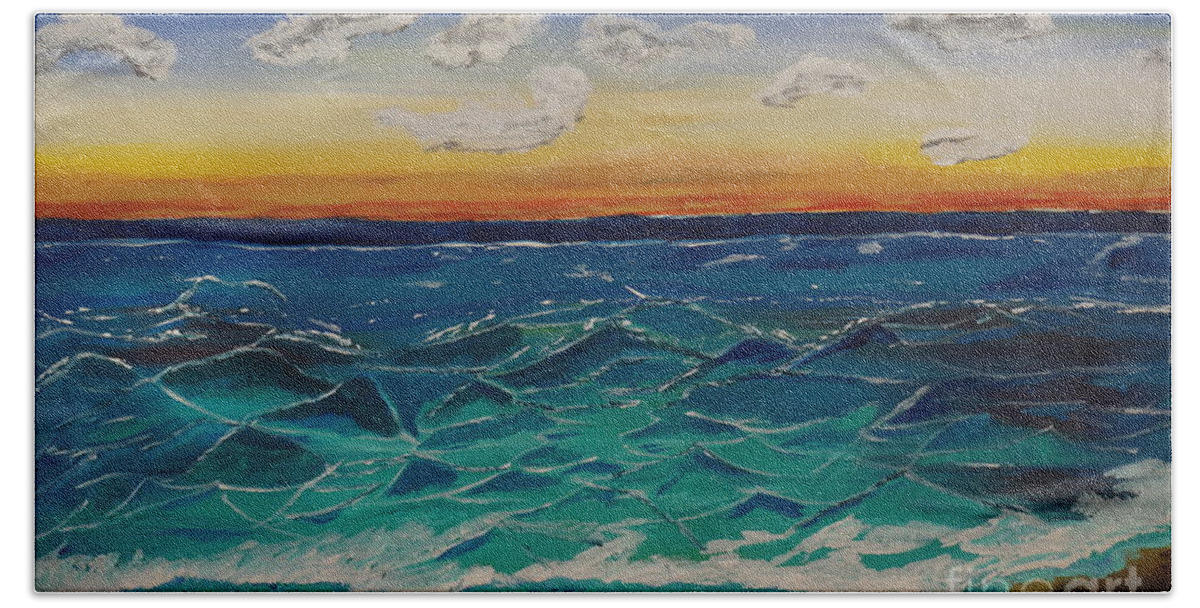 Landscape Beach Towel featuring the painting Sunset and Waves by Jimmy Clark