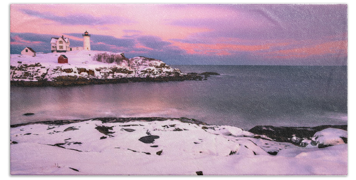 Maine Beach Sheet featuring the photograph Sunset at Nubble Lighthouse in Maine in Winter Snow by Ranjay Mitra
