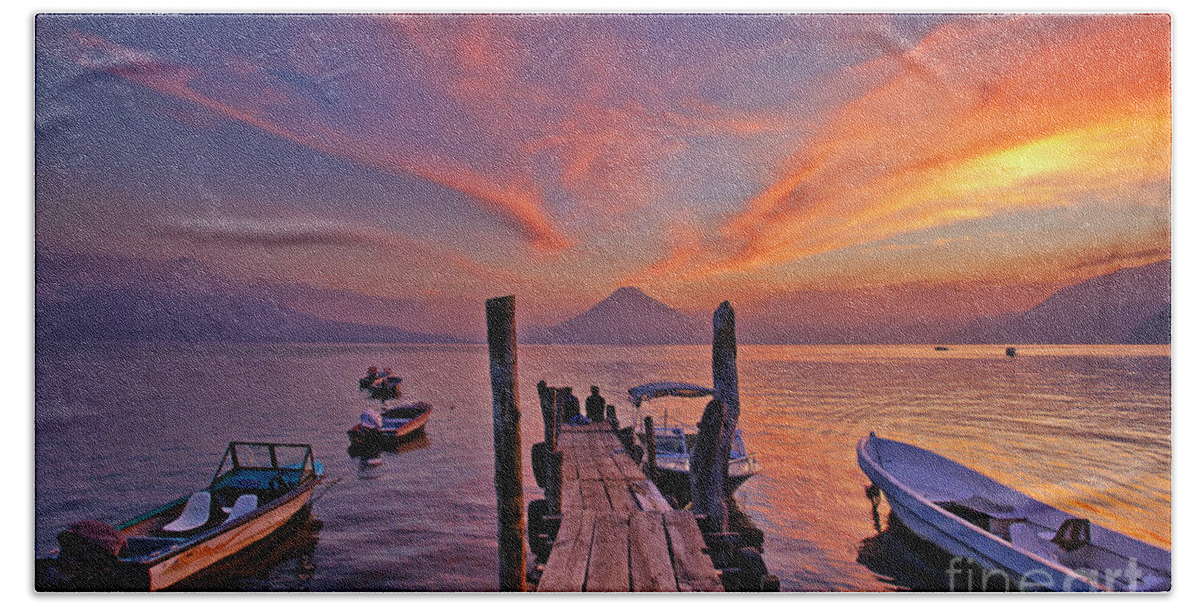 Guatemala Beach Towel featuring the photograph Sunset at the Panajachel Pier on Lake Atitlan, Guatemala by Sam Antonio