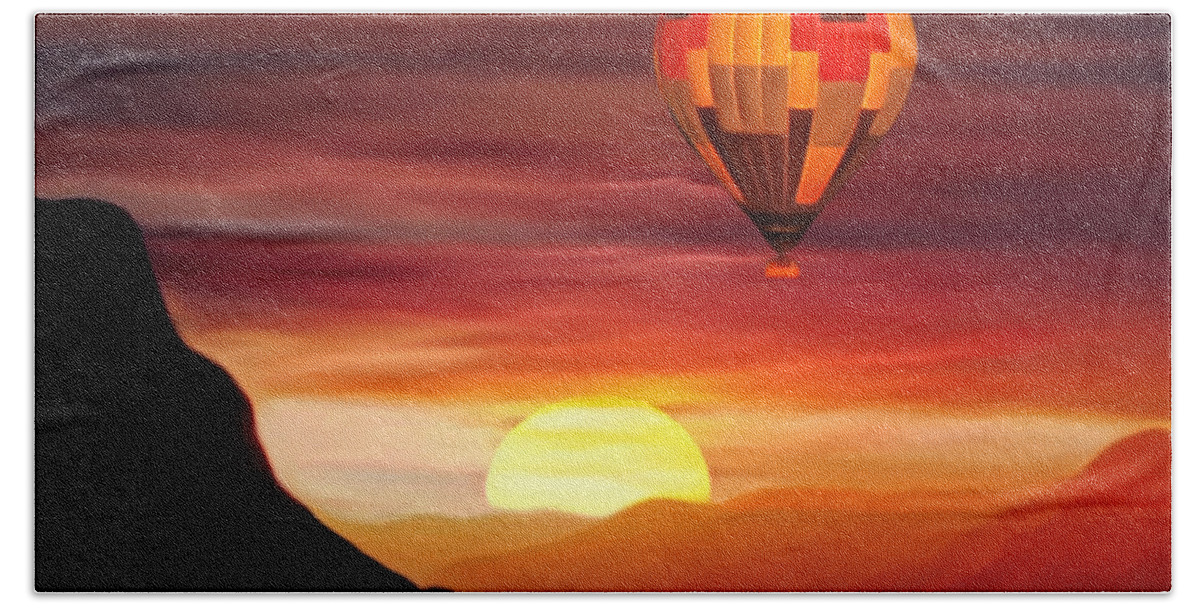 Sunset Beach Towel featuring the digital art Sunset Balloon Ride by - Zedi -