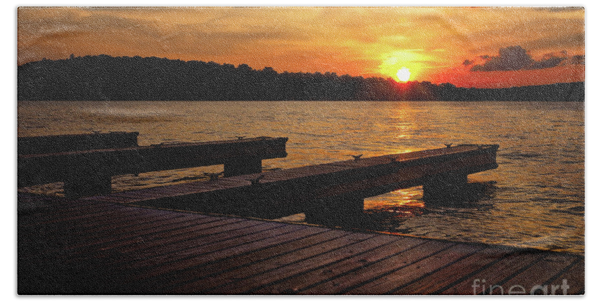 Lake Hopatcong Beach Sheet featuring the photograph Sunset by the Dock on the Lake by Mark Miller