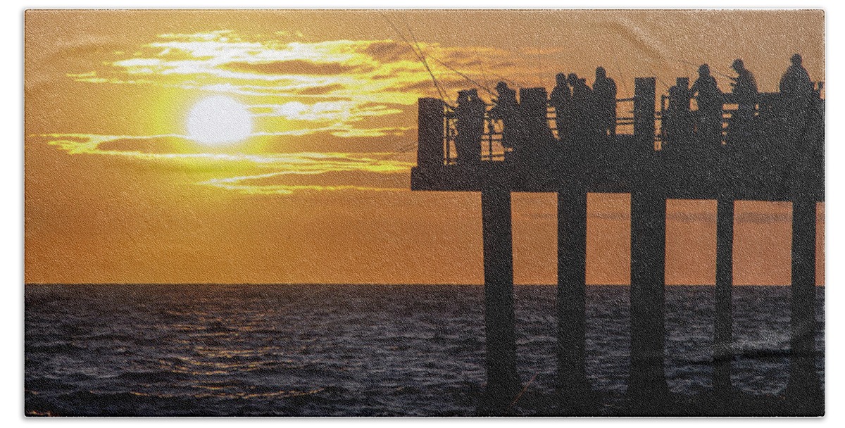 Bay Beach Towel featuring the photograph Sunset Fishing in Redondo by Ed Clark