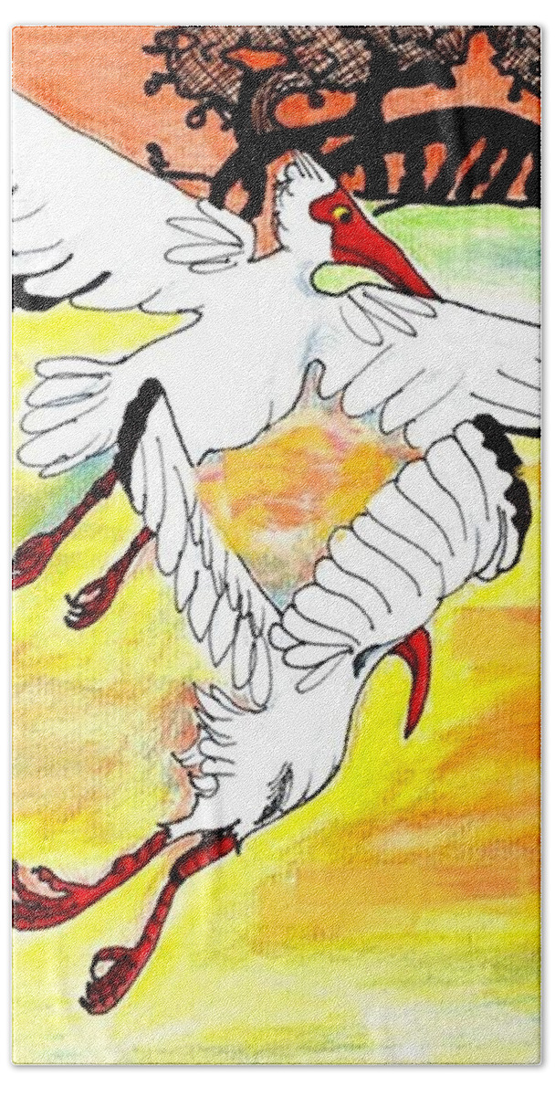 Ibis Beach Towel featuring the drawing Sunset flight by Carol Allen Anfinsen