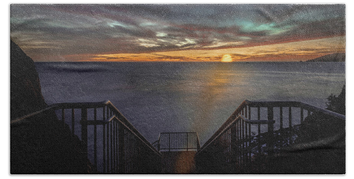 Dramatic Beach Sheet featuring the photograph Sunset from Sandpiper Staircase by Tim Bryan