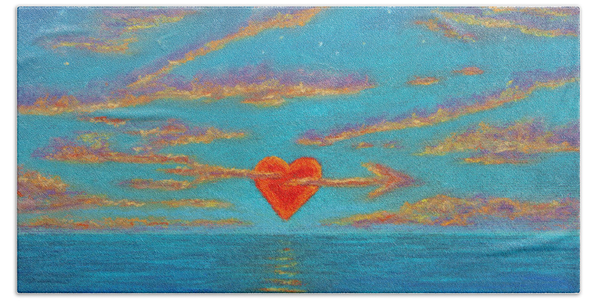 Holiday Beach Sheet featuring the pastel Sunset Heart 01 by Michael Heikkinen