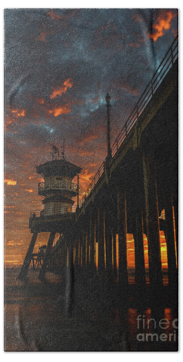 Beach Beach Towel featuring the photograph Sunset Huntington Beach Pier by Peter Dang
