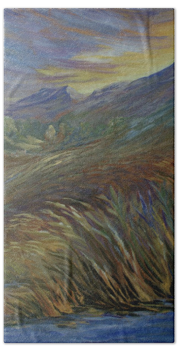 Sunset In Mountains Beach Sheet featuring the painting Sunset in the Mountains by Jo Smoley
