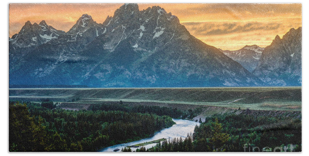 Sunset Beach Towel featuring the photograph Sunset on Grand Teton and Snake River by Gary Whitton