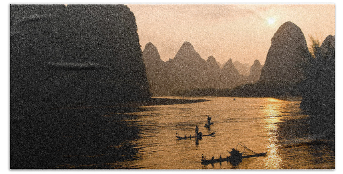Asia Beach Sheet featuring the photograph Sunset on the Li River by Michele Burgess