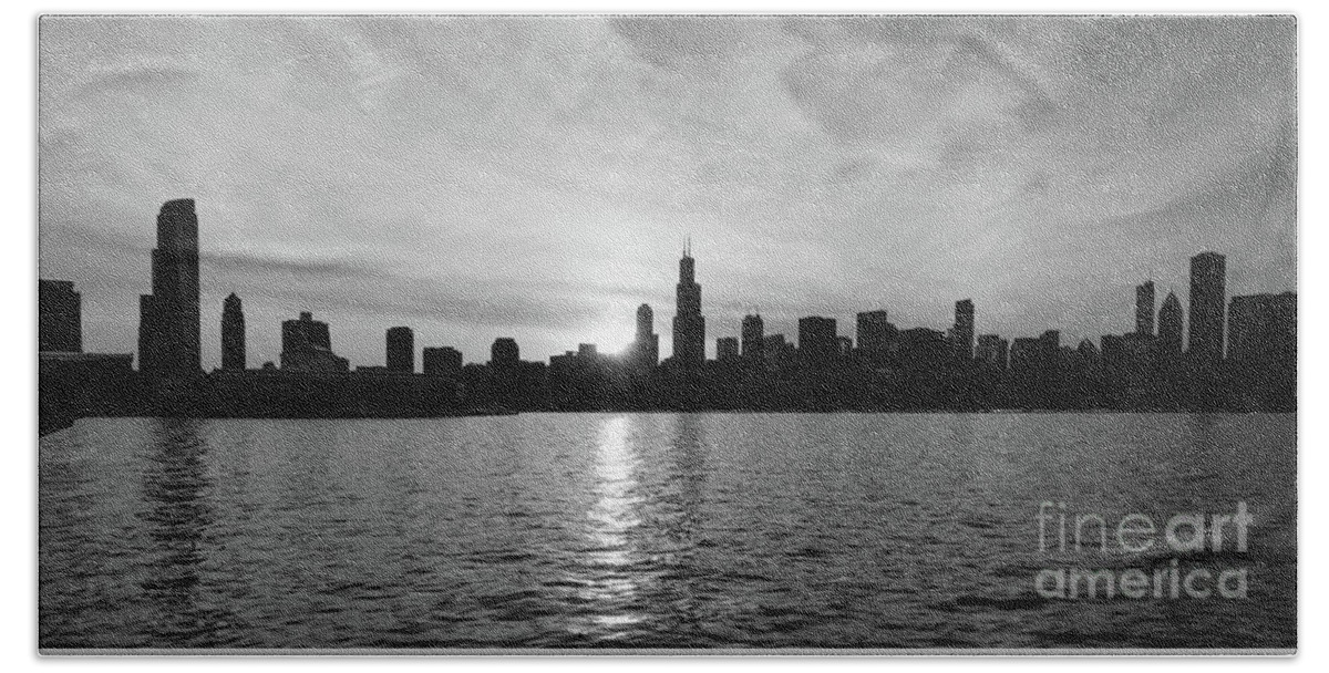 Chicago Beach Towel featuring the photograph Sunset Over Chicago Pano Grayscale by Jennifer White