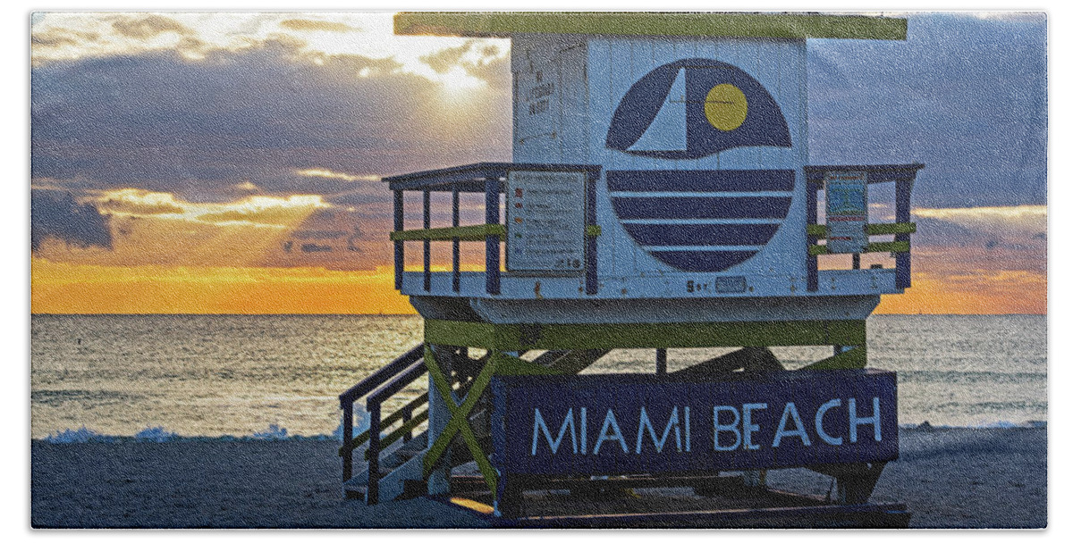 Miami Beach Towel featuring the photograph Sunset over Miami Beach Miami Lifeguard House Florida by Toby McGuire