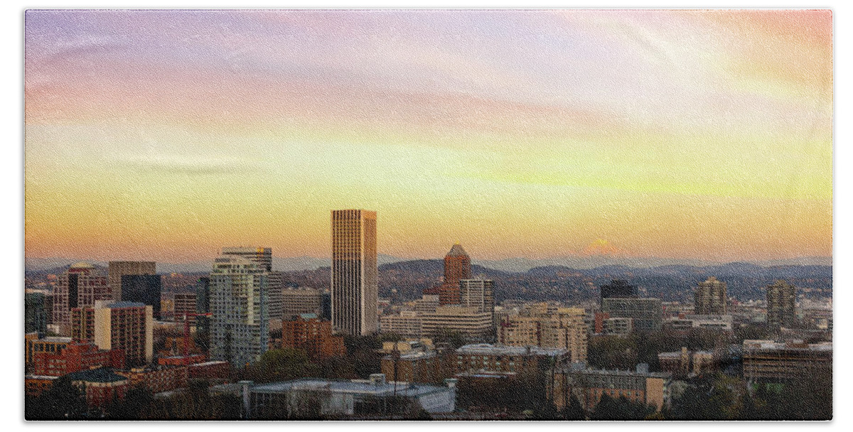 Portland Beach Towel featuring the photograph Sunset over Portland Cityscape and Mt Hood by David Gn