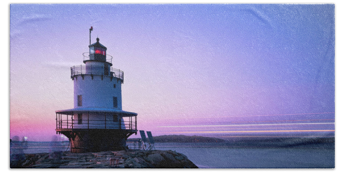 Maine Beach Sheet featuring the photograph Sunset over Spring Breakwater Lighthouse in South Maine by Ranjay Mitra