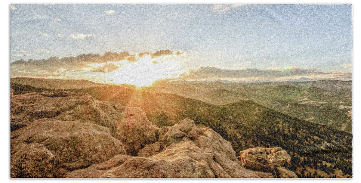 Boulder Beach Towel featuring the photograph Sunset over the Mountains of Flaggstaff Road in Boulder, Colorad by Peter Ciro