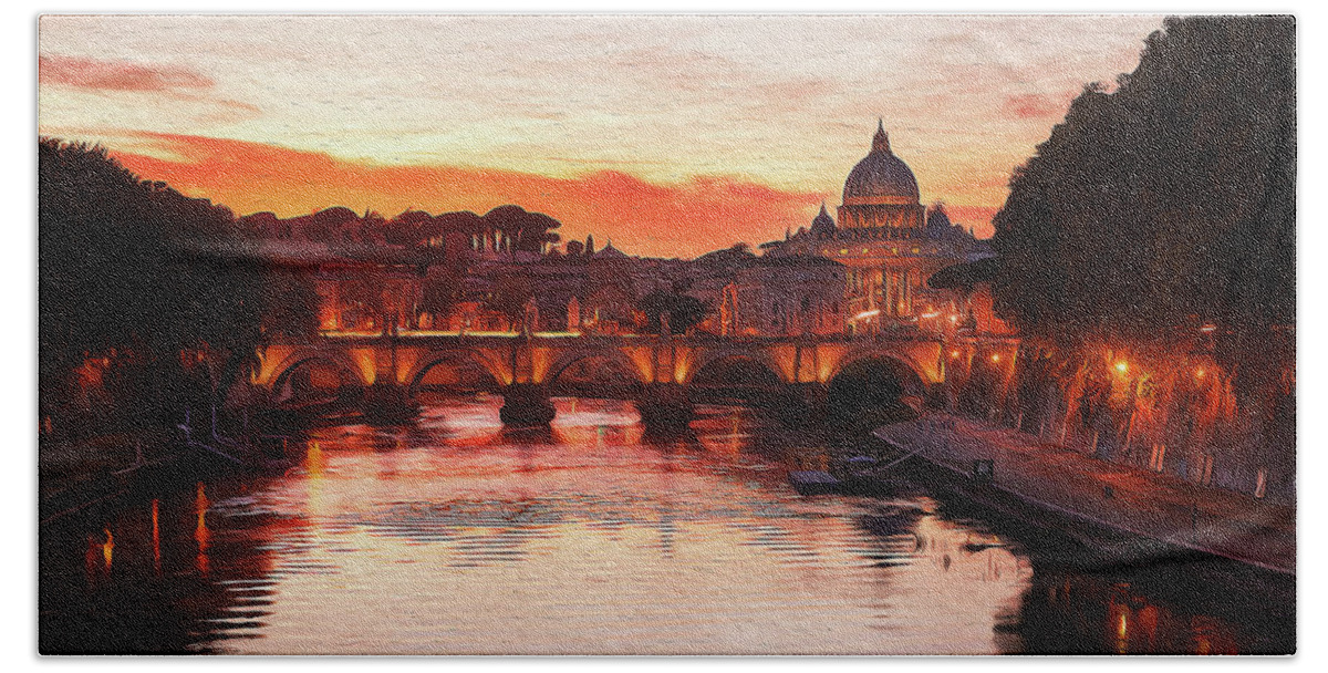 Rome Ancient Monument Beach Towel featuring the painting Sunset over the St Peter Basilica by AM FineArtPrints