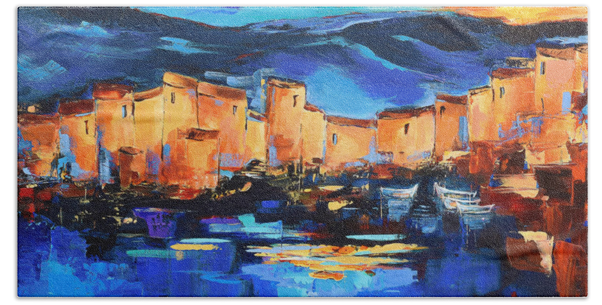 Sunset Over The Village Beach Towel featuring the painting Sunset Over the Village 2 by Elise Palmigiani by Elise Palmigiani