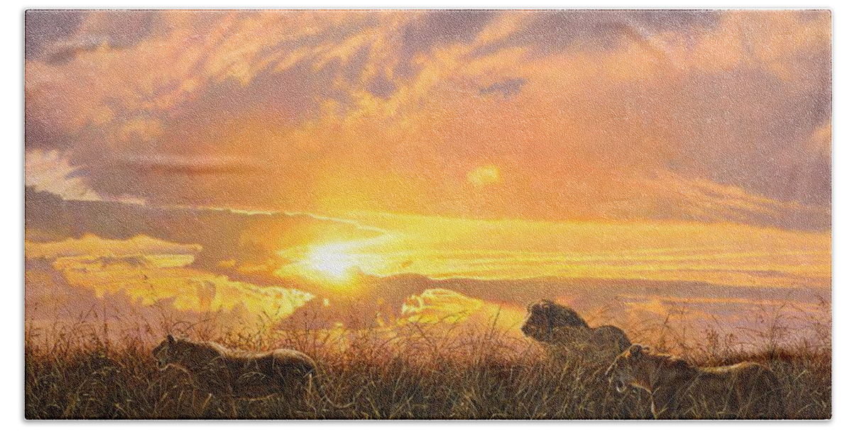 Lion Beach Towel featuring the painting Sunset Prowl by Alan M Hunt
