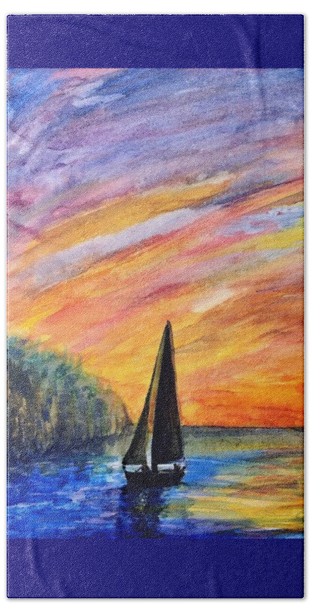 Sunset Beach Towel featuring the painting Sunset Sail by Deb Stroh-Larson
