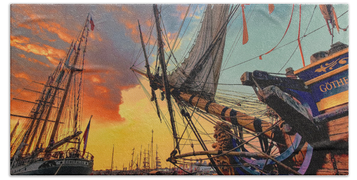Ships Beach Towel featuring the photograph Sunset Sail by Nadia Sanowar