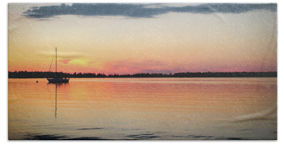 Kelly Hazel Beach Sheet featuring the photograph Sunset Sail on Calm Waters by Kelly Hazel