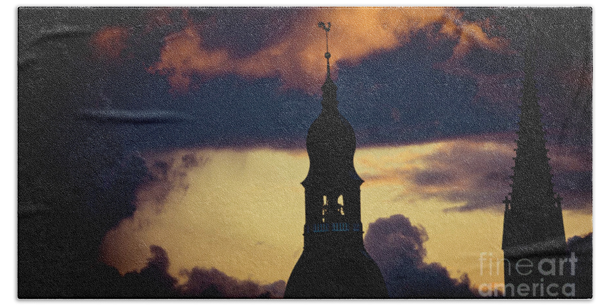 Cities Beach Towel featuring the photograph Sunset view in old town Riga by Raimond Klavins