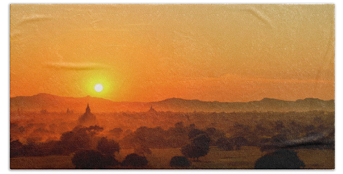 Landscape Beach Sheet featuring the photograph Sunset view of Bagan Pagoda by Pradeep Raja Prints