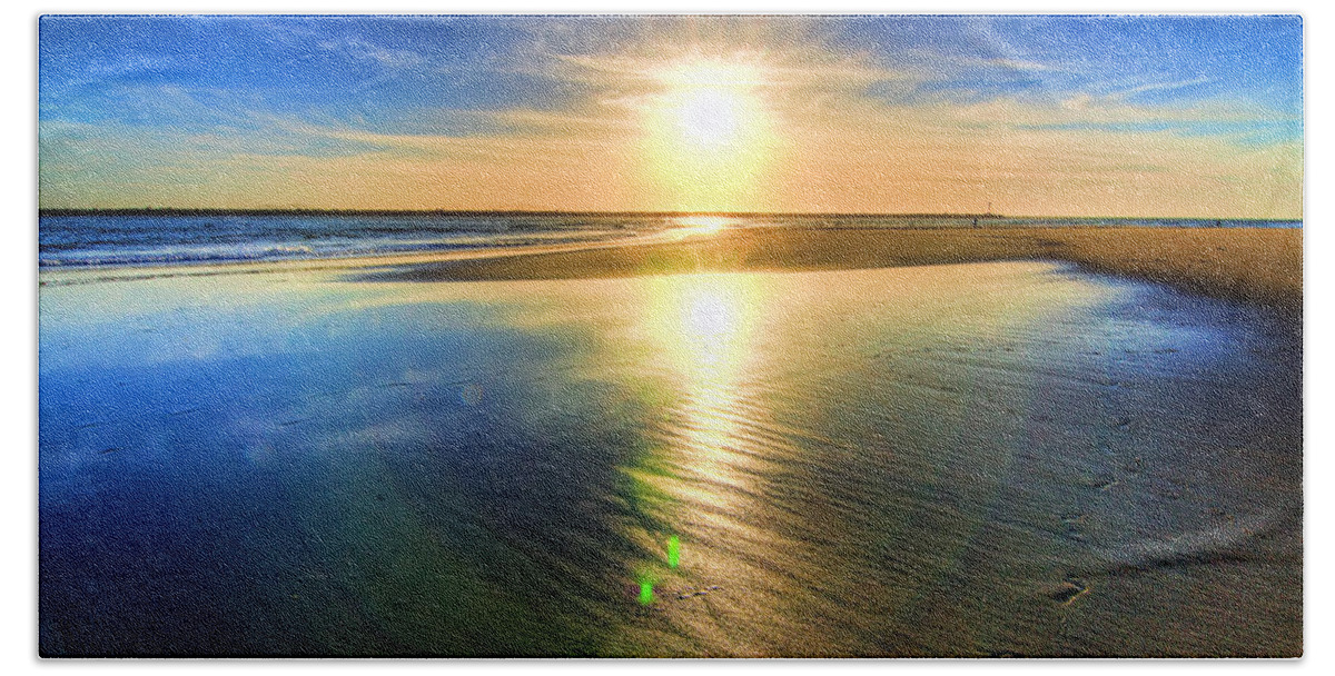 Sand Sea Beach Sun Footprints Sky Beach Towel featuring the photograph Sunset by Wendell Ward