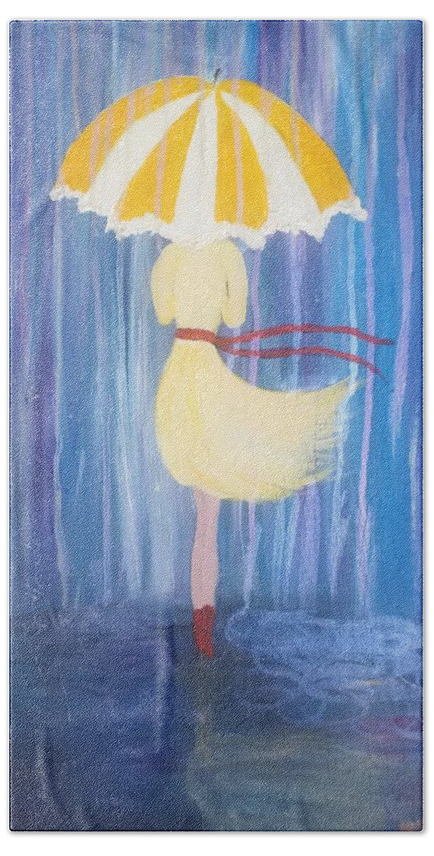 Yellow Umbrella Beach Towel featuring the painting Sunshine in the Rain by Lynne McQueen