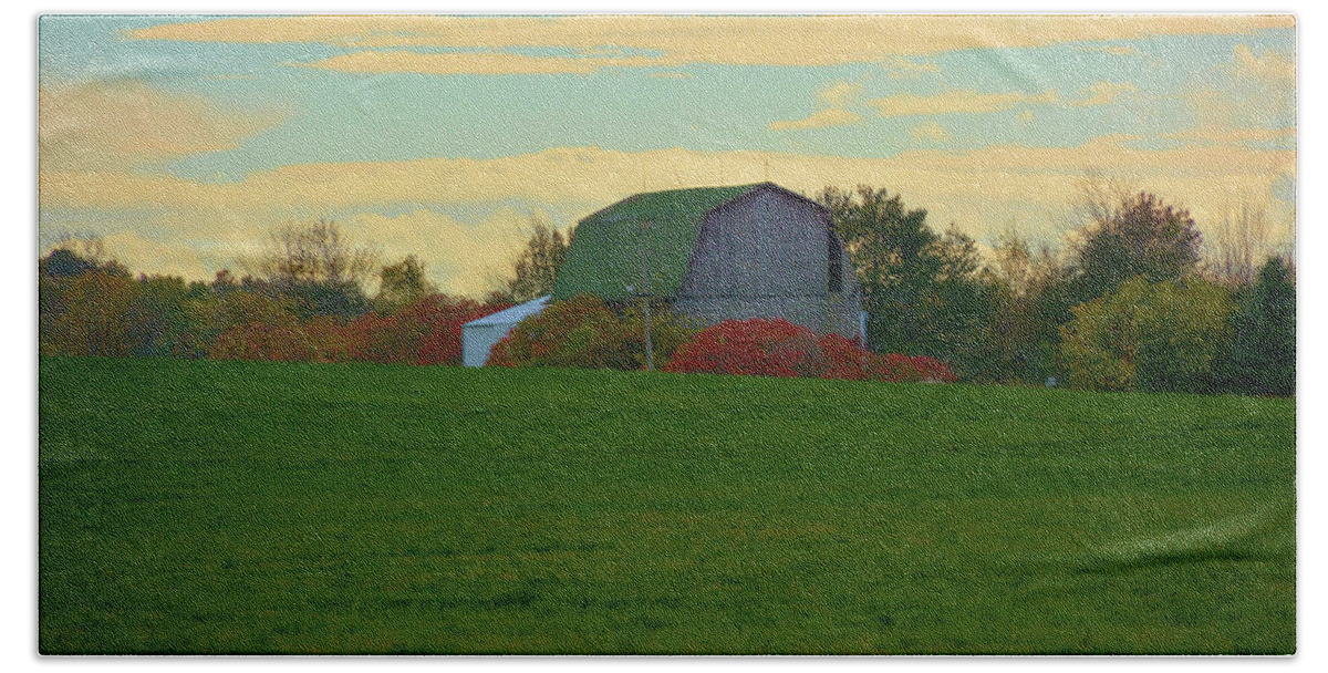 Scenic Beach Towel featuring the photograph Sunsset on a Barn by Nancy Jenkins