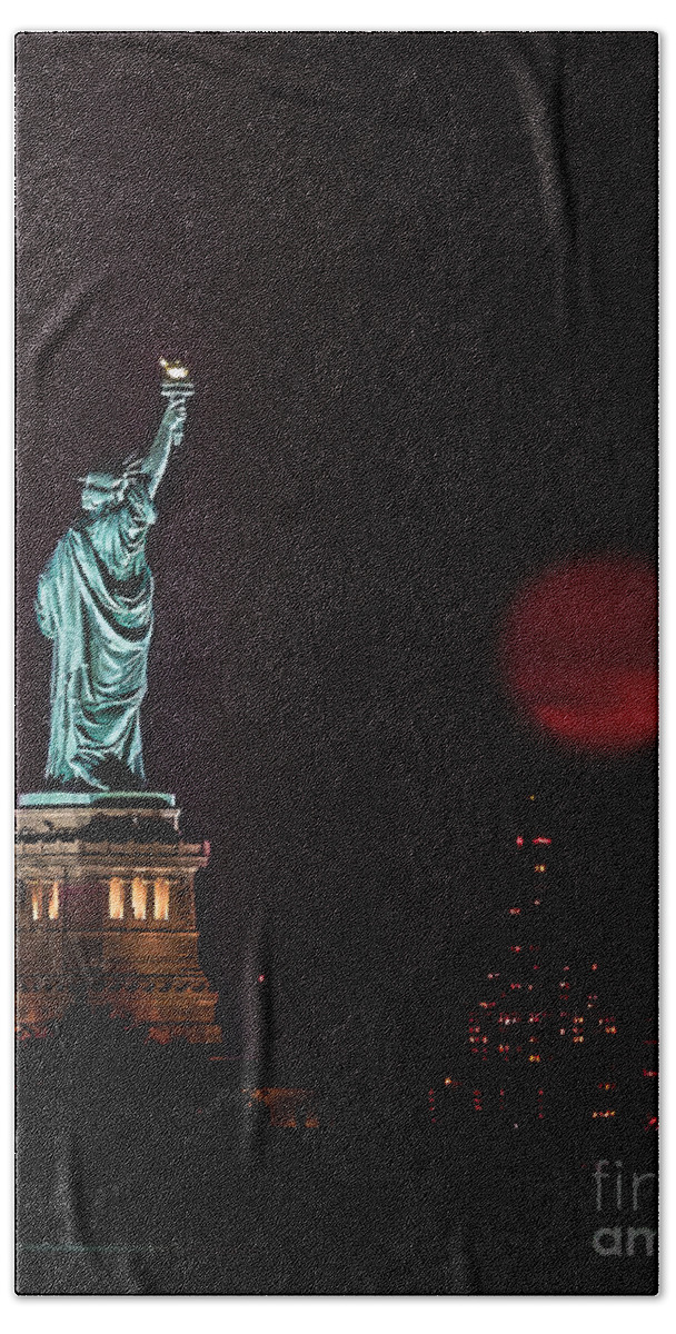 Supermoon Beach Sheet featuring the photograph Super Moon Rising and the Statue of Liberty by Alissa Beth Photography